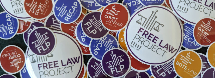 Picture of Free Law Project, FLP, RECAP, CourtListener, and Bots.law stickers