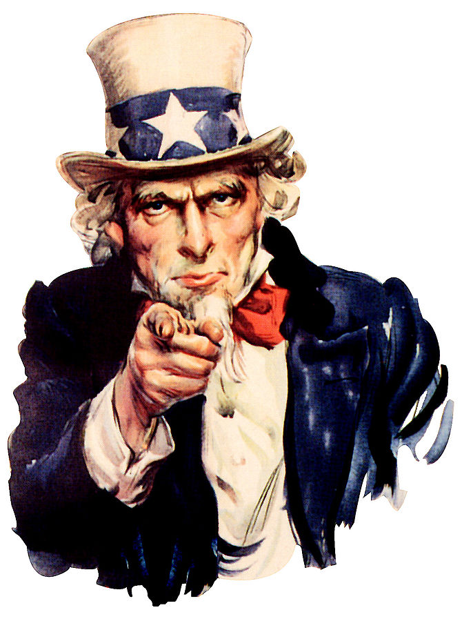 Uncle Sam (pointing finger) by James Montgomery Flagg - Public Domain via Wikimedia Commons