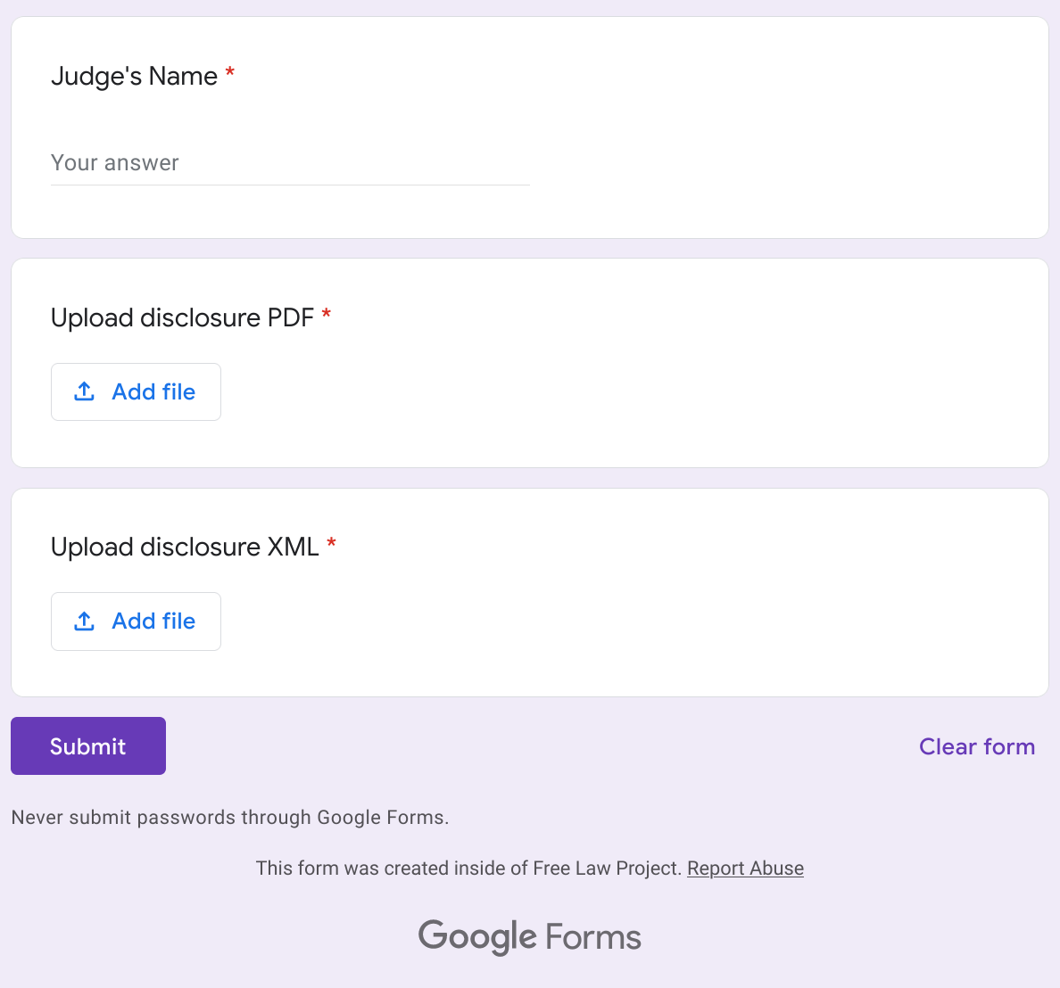 A screenshot of a Google Form showing three fields, one for the judge's name, one to upload a PDF and a third to upload XML