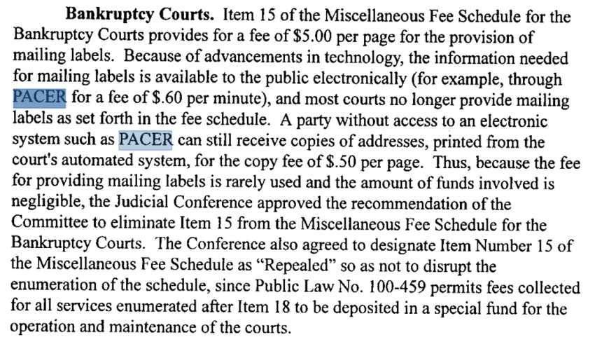 Screenshot of PACER fee changes