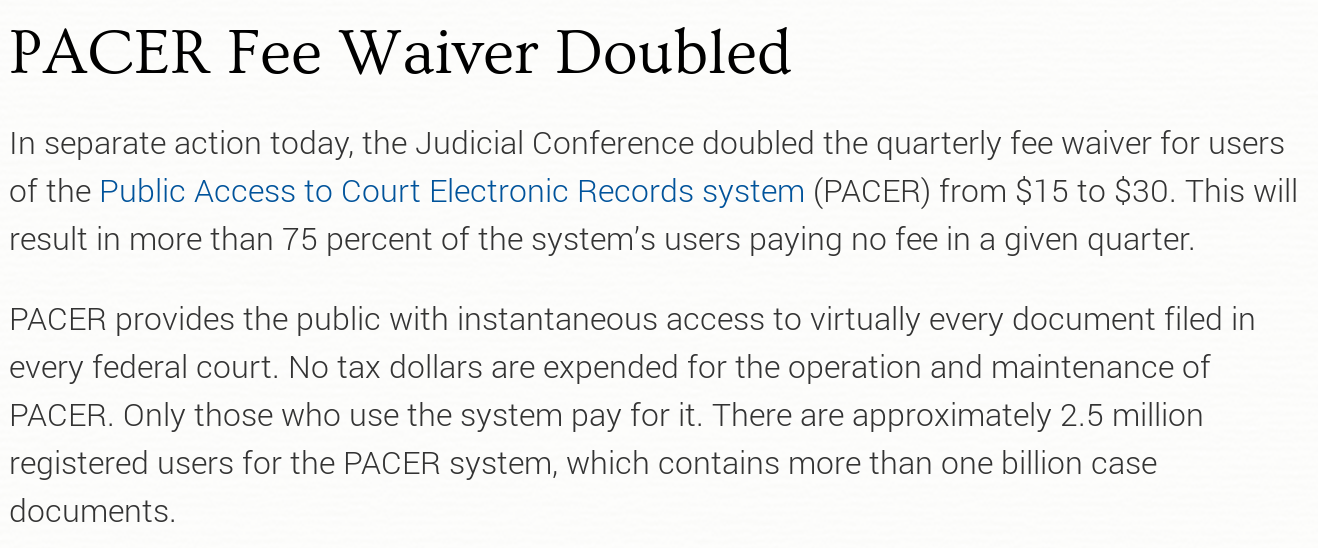 Screenshot of PACER fee changes
