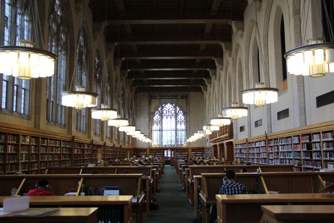 The reading room of the Lillian Goldman Law Library at Yale Law School, with long wooden tables, reading lamps, and tall arched windows.