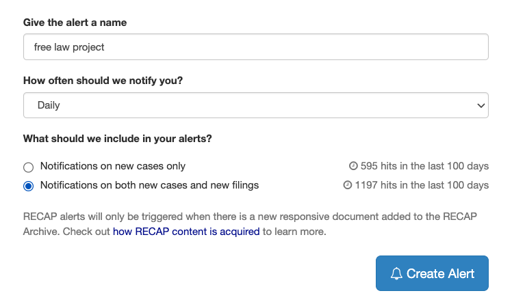 A screenshot of RECAP search alerts