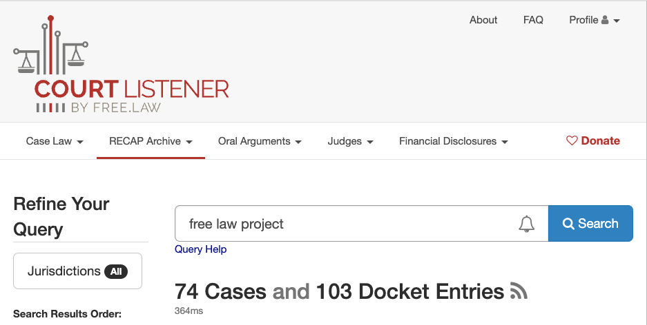 A screenshot of RECAP search