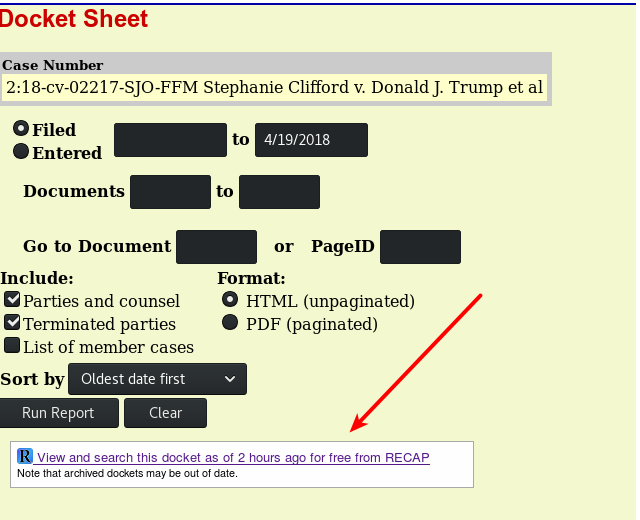 Docket Report for Stormy Daniels case showing link to RECAP