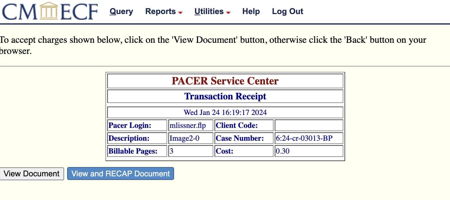 A PACER receipt screen showing two buttons.