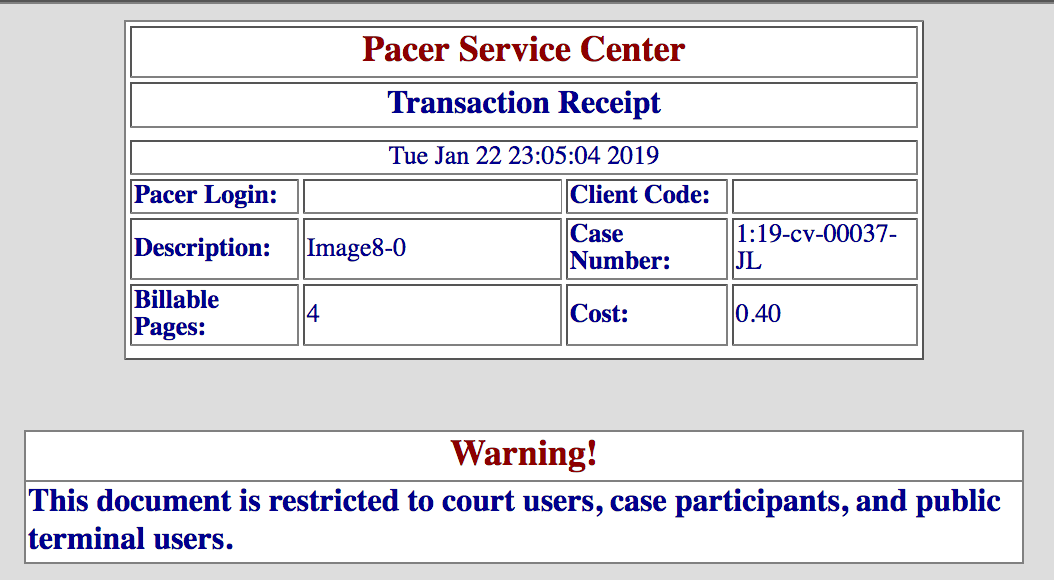 A PACER receipt page showing a restriction warning.