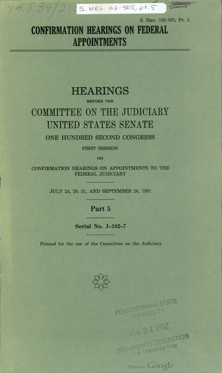 A green cover page to a Senate Nomination Record document, reading Confirmation Hearings on Federal Appointments - Hearings before the Committee on the Judiciary - United States Senate...