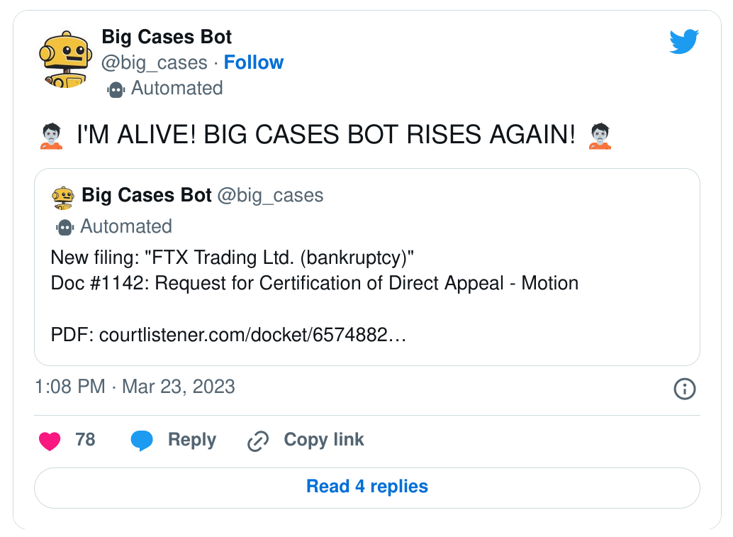 A screenshot of a tweet of the bot saying it's alive.